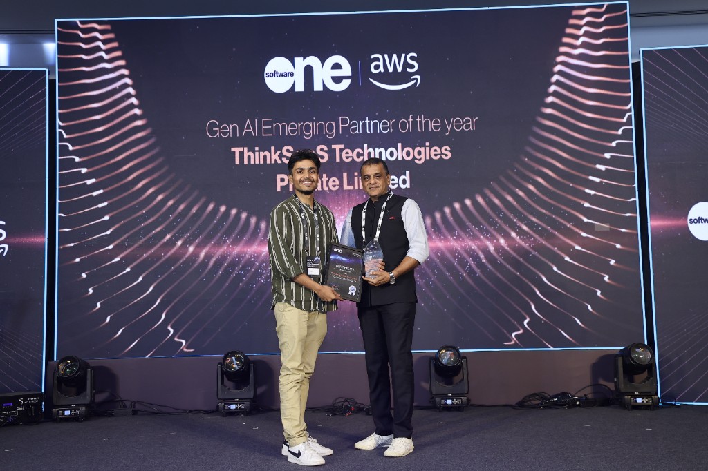 ThinkSaas Technologies receiving the GenAI Emerging Partner of the Year award at the SoftwareOne and AWS Pinnacle Partner Summit